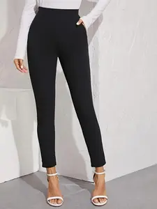 Women's Plain Woven High Waist Split Hem Slim Fit Pencil Pants, Elegant Comfy Pocket Trousers for Work Office Business, Ladies Bottoms for Summer
