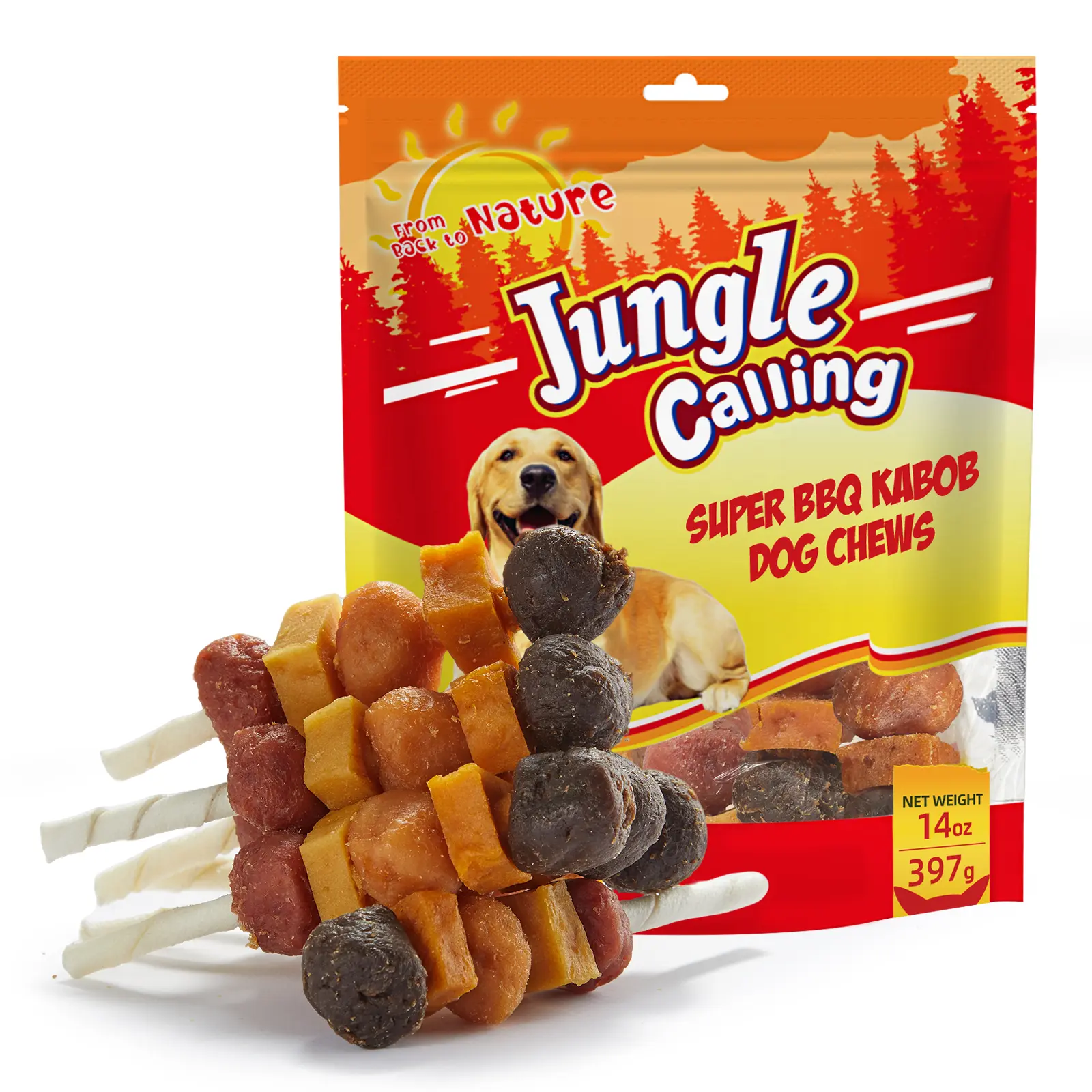 Jungle Calling Chicken, Duck, Beef, Sweet Potato & Pumpkin Rawhide Kabob Dog Treats, 14-oz bag