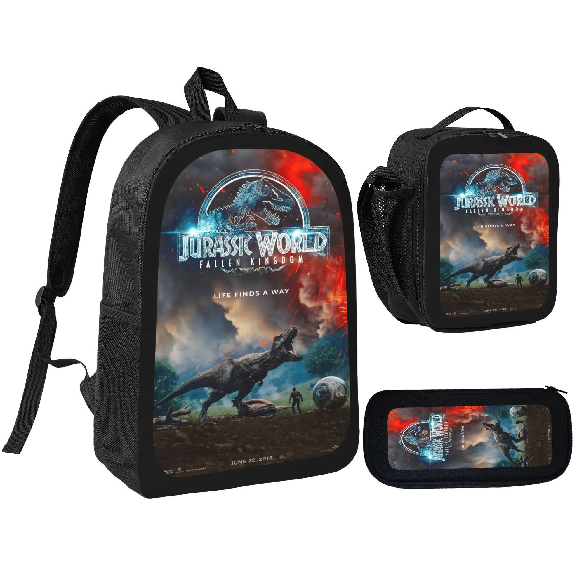 Kids' 3Pcs Jurassic World Fallen Kingdom Dinosaur Movie Print Backpack Set - Adjustable Strap, Multi-Pockets School Bag With Lunch Bag, Pencil Pouch For Boys Back-To-School, Outdoor Adventure Gift