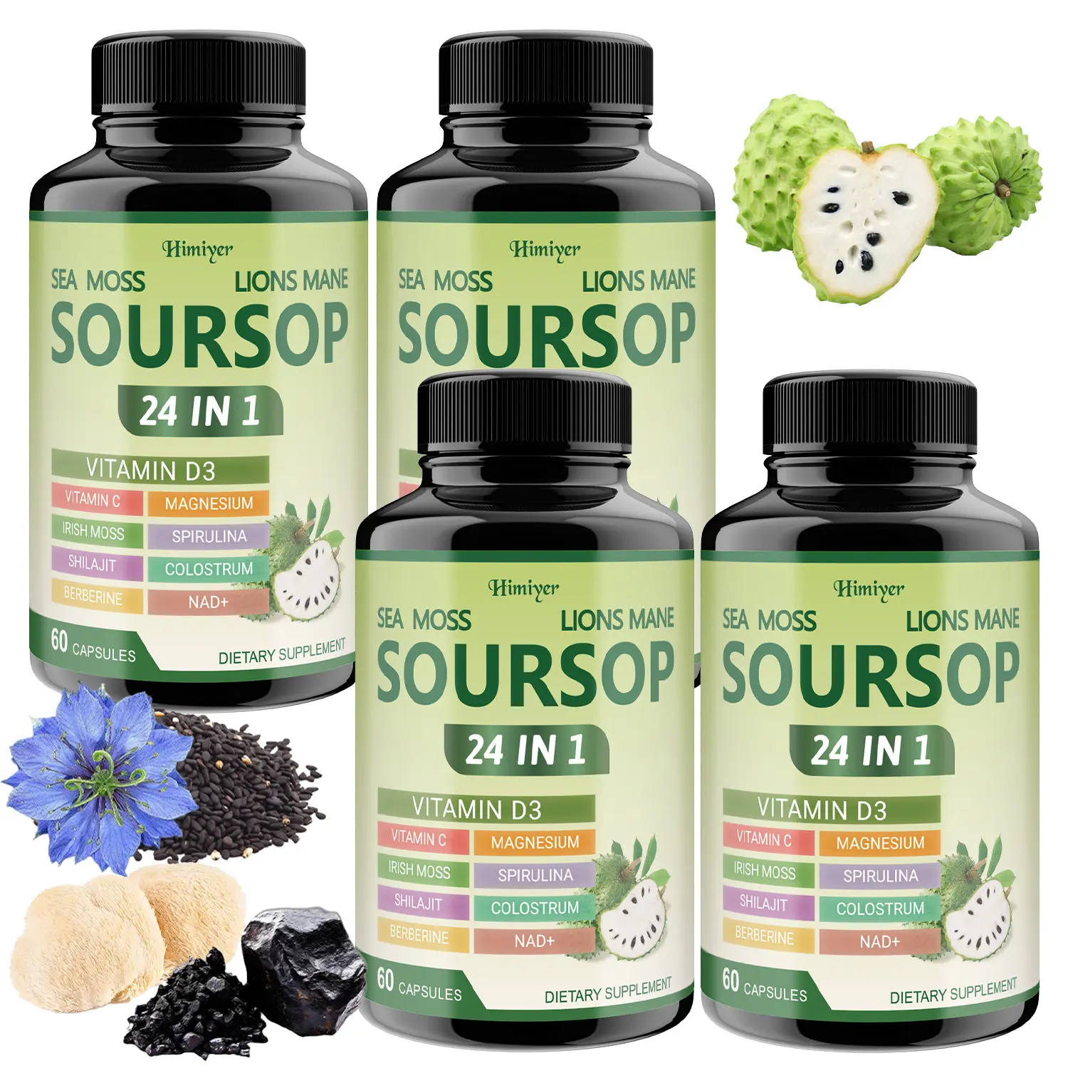 4-piece Natural Soursop Capsules - Highly Absorbable Formula 24-in-1, containing soursop leaf and fruit extracts, dietary fiber, and vitamin C. Aids digestion, promotes gut health, and is rich in antioxidants. Graviola supplement, daily health supplement.