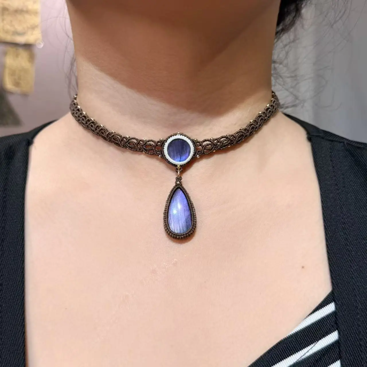 Handcrafted Labradorite Macrame Necklace, Boho Ethnic Pendant, Unisex Minimalist Jewelry with Stone of Magic, Made to Order Gift, Macrame Craft, Customized