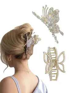 2pcs Shiny Pearl Butterfly Hair Claw Clips, Hair Claws Set, Rhinestone Butterfly Hair Barrettes, Bridal Casual Style Accessories for All Hair Types, Butterfly Design