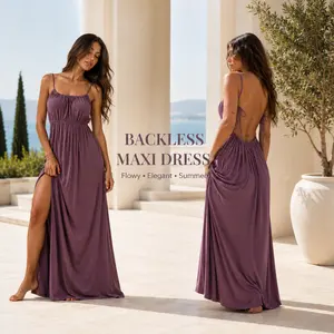 Women’s Spaghetti Strap Maxi Dress, Summer Sleeveless Backless Dress with Side Slit, Soft Flowy Casual Lounge Dress for Home Daily Wear