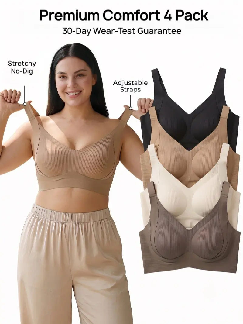 4-Pack Solid Seamless Comfort Wireless Bra | Plus Size Full Coverage & Soft Support Bralette