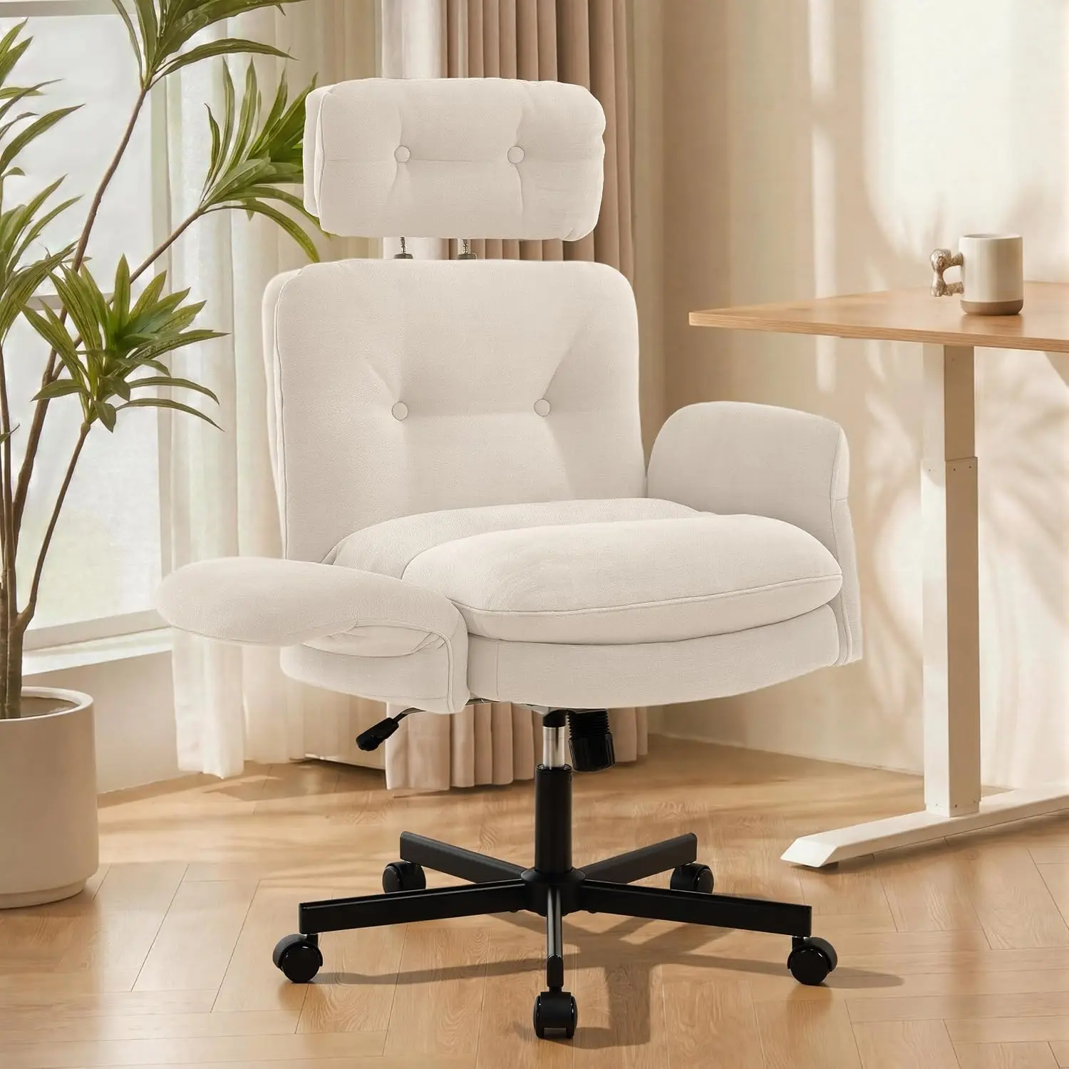 [SummerVibes] Vabches Criss Cross Chair with Adjustable Arms&Hight Back,Thicken Wide Seat Home Office Chair,Lounge Makeup Vanity Chairs with Side Pockets,Comfy Cross Legged Desk Chair