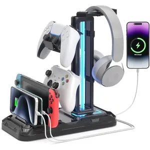Headset Stand with  Station - Detachable Controller Holder with 9 Light Modes - Rotatable Headphone Hanger with USB A&C Charger Ports - Earphone Hook for PC Gaming Accessories Storage