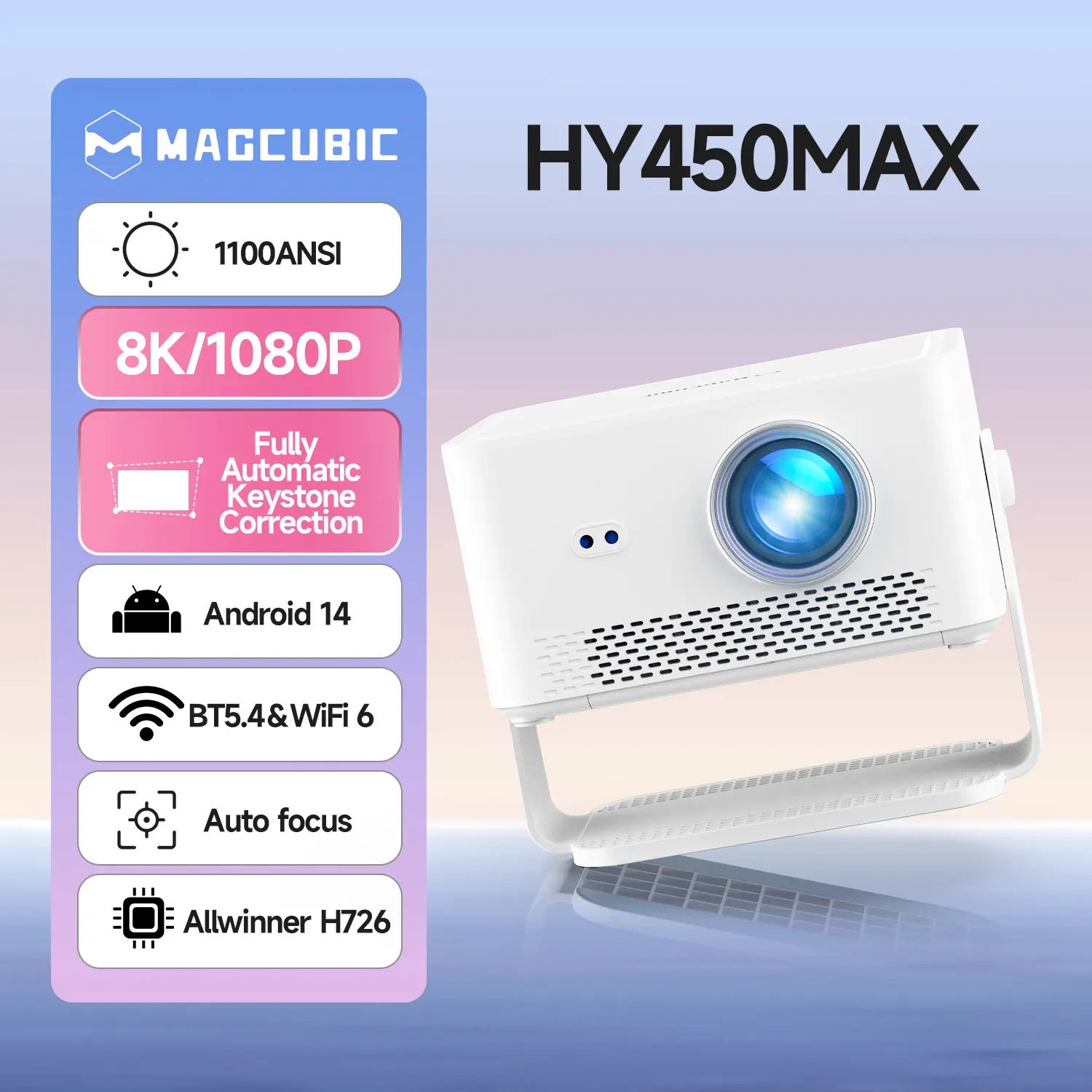 Magcubic HY450Max Projector 1100ANSI 8K Decode Auto Focus 12W Speaker HDR10+ Android 14.0 Dual WiFi6 BT5.4 Fully Automatic Keystone 1.0:1 Throw Ratio Screen Recognize & Automatic Obstacle Avoidance Home Cinema, Movie, Audio #TikTokShopBackToSchool
