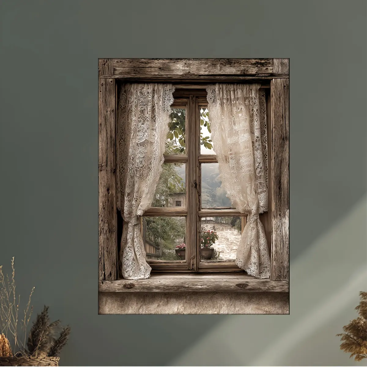 Vintage Windowpane Canvas Wall Art with Lace Curtain Design - Rustic Farmhouse Style, Beige and Brown Nature Landscape Print, Easy Hook Installation for Home Decor