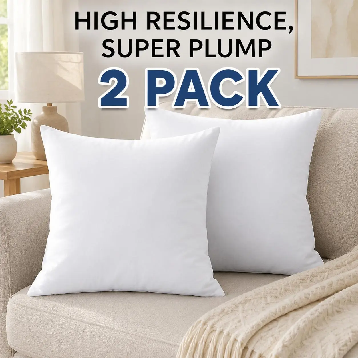 20x20 Inch Shape-Retaining Polyester Filled Pillow Inserts, Set of 2 Soft Fluffy Machine-Washable Decorative Stuffers for Couch, Bed, Neutral Decor, Home Decor, Household Items