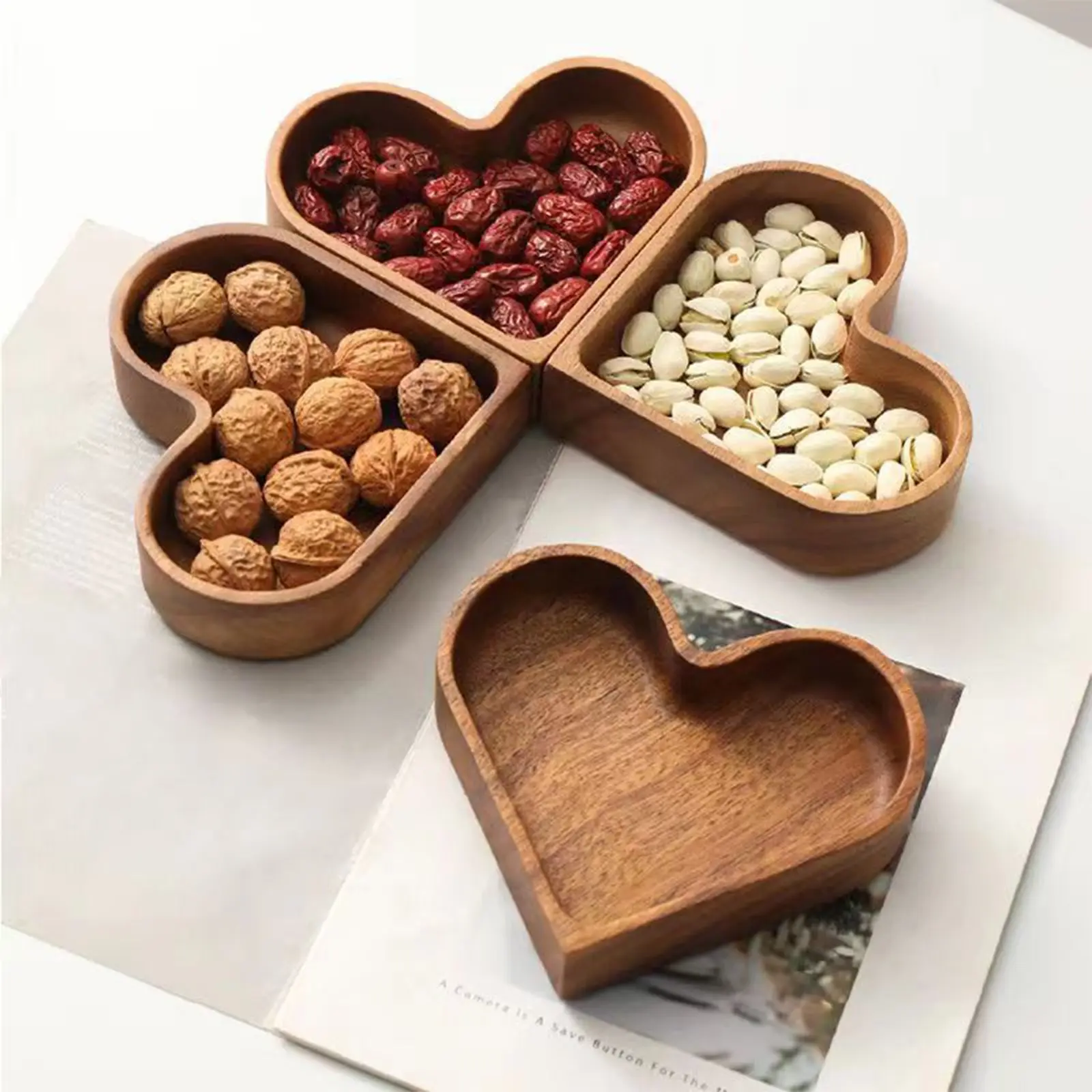 Mini Wooden Heart Shaped Plate, 6.7-inch Heart Tray, Snack Tray, Dried Fruits Plates, Fruit Bowls, Nut Plates, Candies Trays, Jewelry Box, Table Decoration