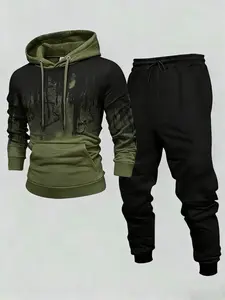 Men's Fashion Streetwear Set Army Green Graffiti Hoodie & Black Sweatpants Casual Sporty Outfit for Daily & Workout Trendy Tracksuit Must-Have