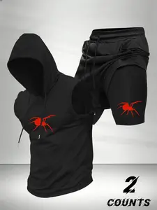 Men's Fashion 2-Piece Set, Athletic Wear, Athletic Fashion Activewear, Athletic Tracksuit Set, Spider Print Hooded Sleeveless Vest Top and Drawstring Waist Basketball Shorts, Casual Comfort Gift