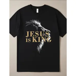 Jesus Is King Lion Graphic T Shirt Christian Faith Inspirational Short Sleeve Tee for Believers