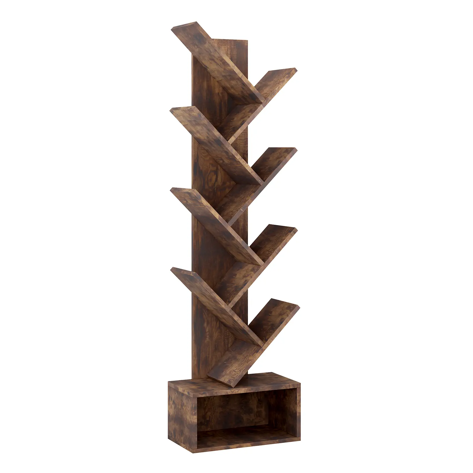 8-Tier Tiger Wood Color Free-Standing Tree Bookshelf with Drawer, Utility Book Organizer Rack for Home Office, Living Room Books, 22 Lbs Capacity, 5 To 10 Books Per Shelf