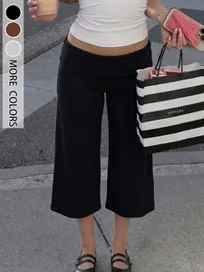 Women's Mid Low Waist Elastic Turn-Up Leggings, Casual Loose Fit Capri Pants, Comfortable Spring Summer Yoga Wear, Available in 3 Colors