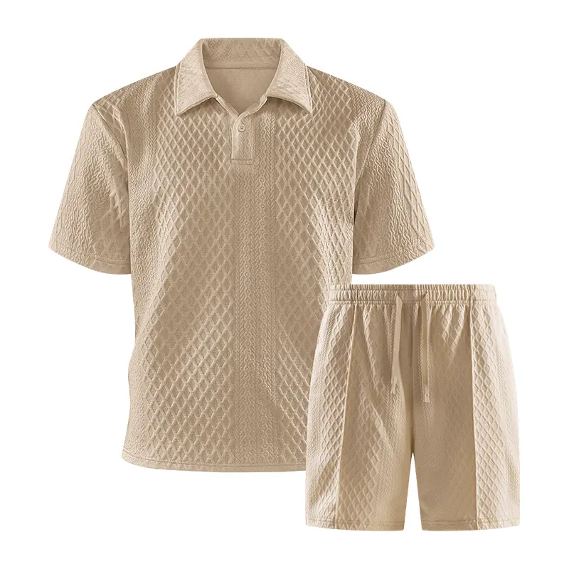 Men’s two-piece set for summer: solid-color casual sports short-sleeve polo shirt paired with lightweight shorts featuring a pocket, drawstring, and elastic waistband; suitable for vacations, the beach, golf, and outdoor sports. Made from breathable, cool
