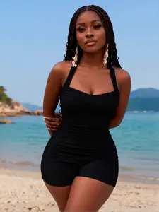2026 New Women's Tummy Control One Piece Swimsuit, Black Halter Boy Short Bathing Suit, Full Coverage Anti-Slip Quick Dry Fabric, Curvy Friendly Slimming Swimwear for Beach Vacation Spring Break Pool Party bikini