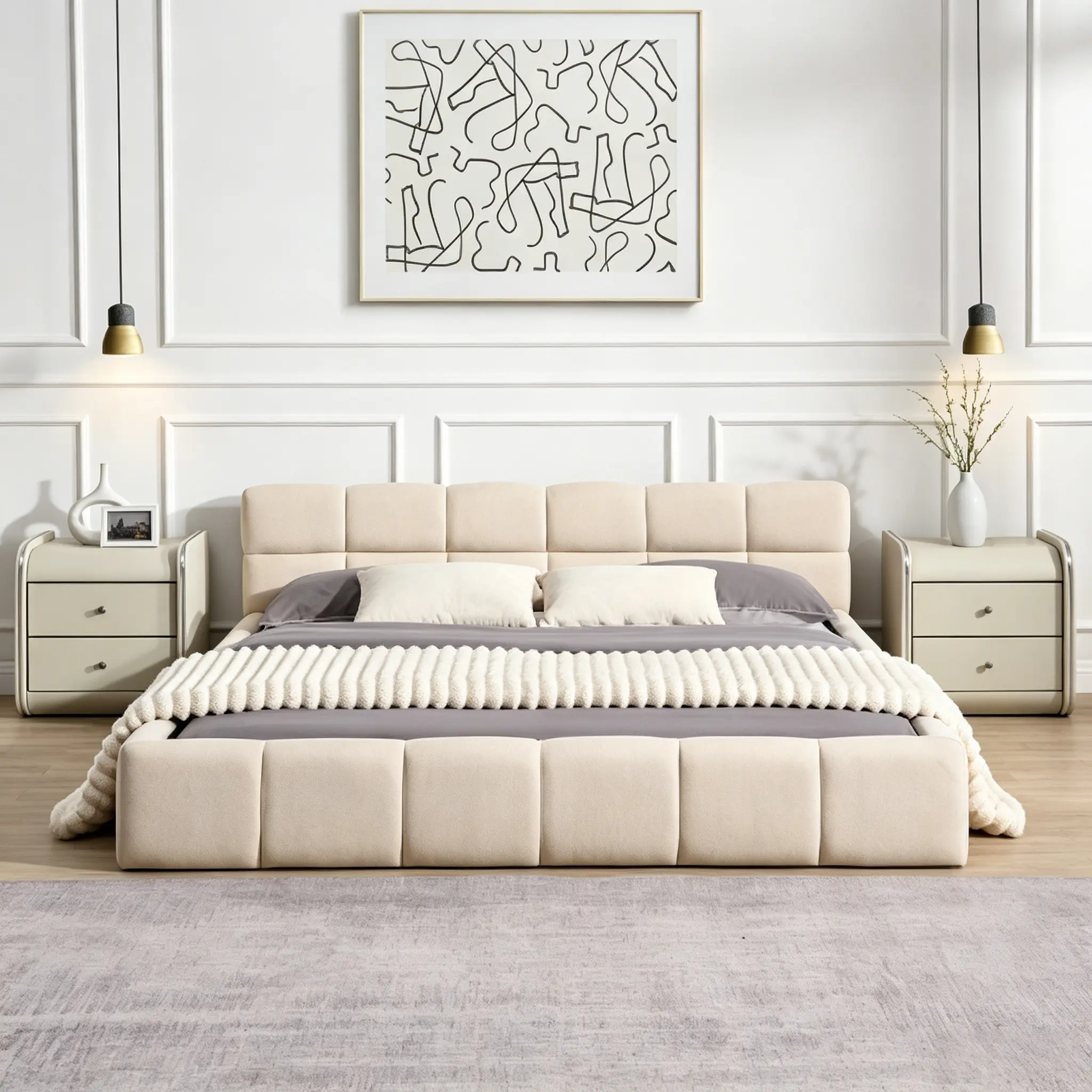 Elegant Style Ultra-Plush Beige Chenille Upholstered Bed Frame - Queen/King Size Modern Platform Bed with Checkerboard Headboard, Indoor Bedroom Furniture, Upholstered Bed Frames