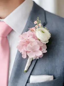 6pcs Hydrangea Boutonniere for Men Wedding, Groom & Groomsmen Ranunculus Boutonniere Real Touch Artificial Silk Men's Corsage Flower Pin, Flower Brooch Pin, Perfect for Wedding Party, Prom, Anniversary,Vintage Rustic Marriage