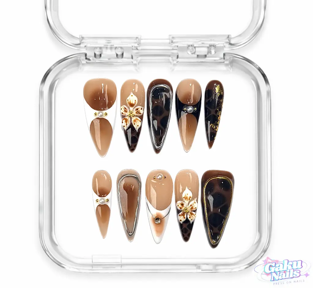 GakuNails COFFEE EDGE 10 PCS Stilettos Handmade Press On Nails Builder Gel Enhanced 3D Flower Majestic Luxurious selectable size Reusable