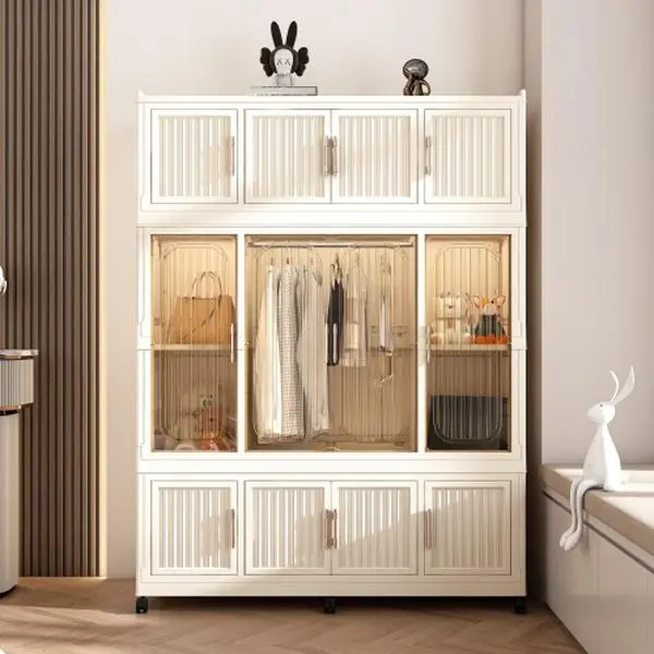 Bellemave Glam Polypropylene Waterproof Freestanding Wardrobe Closet - 36x18x62in Heavy-Duty Small Spaces Storage, 12 Cubes/Doors, 1 Hanging Rod, 6 Hangers, Casters, Tool-Free Assembly, Collapsible Expandable White Indoor Furniture