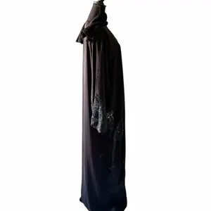 Charcoal Noir Lace-Embellished Abaya with Floral Accents & Bead Shimmer for Evening Wear & Special Occasions