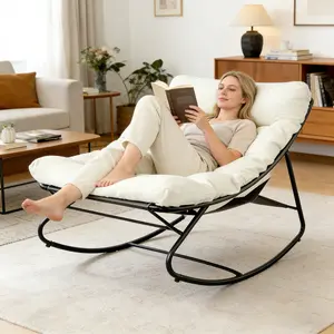 Oversized Papasan Rocking Chair with Thick Cushion, Indoor & Outdoor Lounge Chair, Heavy-Duty Rocker Supports Up to 450 lbs, Cozy Chair for Patio, Garden, Bedroom & Living Room