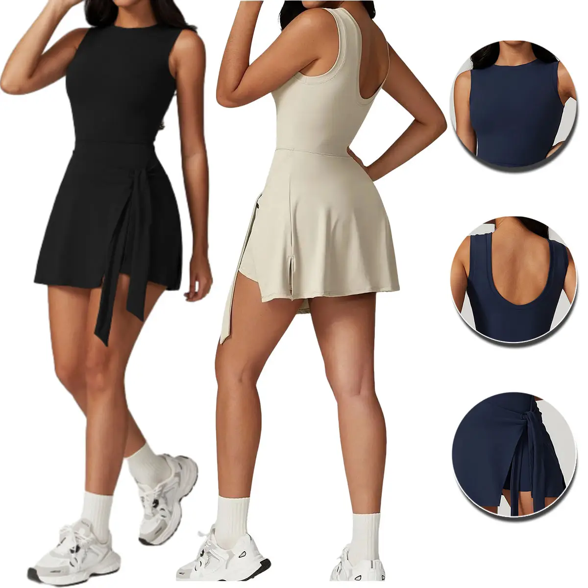 Womens Tennis Dress Wrap Skirt Built in Shorts Sleeveless Golf Athletic Romper Sundress Tie Front