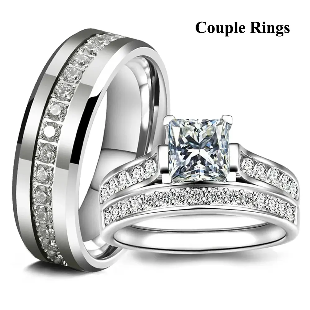 Fashion Couple Rings Exquisite Women Rhinestones Zirconia Rings Set Simple Men Stainless Steel CZ Stone Rings Wedding Jewelry