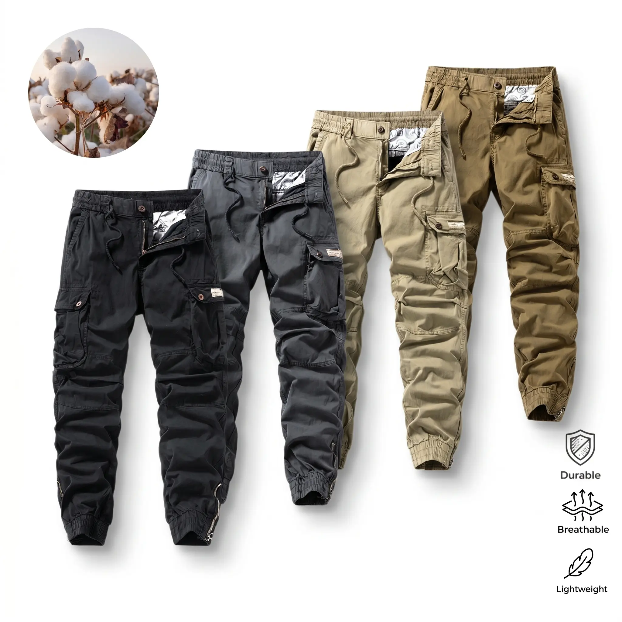 Men’s cotton casual cargo pants, loose tactical combat long pants with six pockets, elastic waistband with drawstring, zippered details at the pant legs, suitable for outdoor hiking and everyday casual wear.