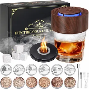 【FathersDayGift】Electric Cocktail Smoker Kit - Rechargeable Built-in Lighter & LED Light, No Butane Needed, with 6 Wood Chips, Marble Ice Cubes, Old Fashioned Smoker Kit, Bourbon, Bourbon Whiskey Gifts for Men,Dad,Husband,Grandfather,Valentine's Day