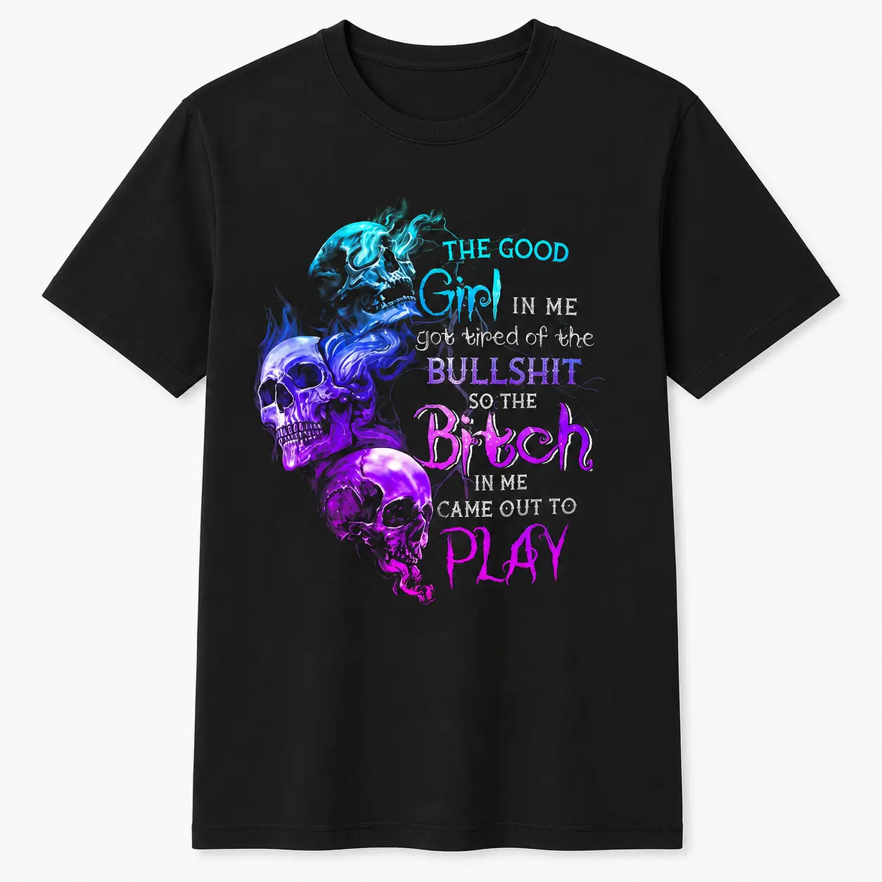 Men's 100% Cotton Short-Sleeve Skull Rose Print T-Shirt - "The Good Girl In Me Got Tired Of The Bullshit" Graphic Top, Grunge Menswear Clothes, Prints, Shortsleeve, Casual, Tops, Style