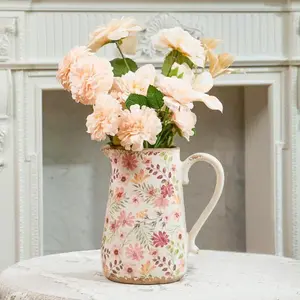 TEWEIQI Colorful Daisy Ceramic Vase with Handle, Retro Rustic Farmhouse Pitcher for Table & Shelf Decor, 7“ or 9" height