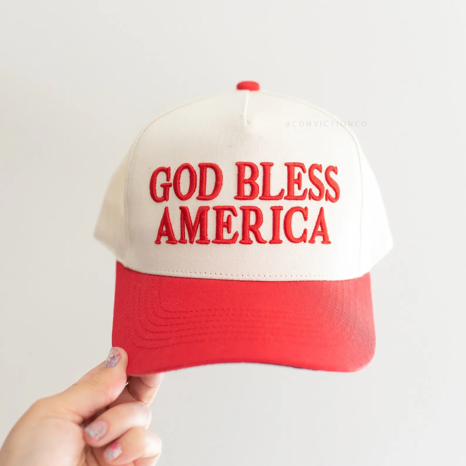 GOD BLESS AMERICA Red & Navy Hat, Unisex Adjustable, Freedom Patriot Gift, Trucker Hat, Conservative, Gifts for Her or Him, Mom Hat