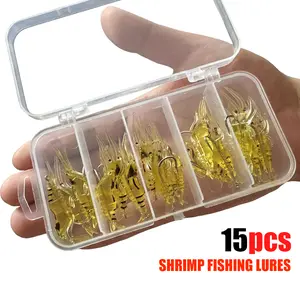 15PCS 1.6" Ultra-Tough PVC Bionic Shrimp Lures in Tackle Box, Pre-Rigged Micro Soft Bait for Saltwater Inshore Redfish & Trout