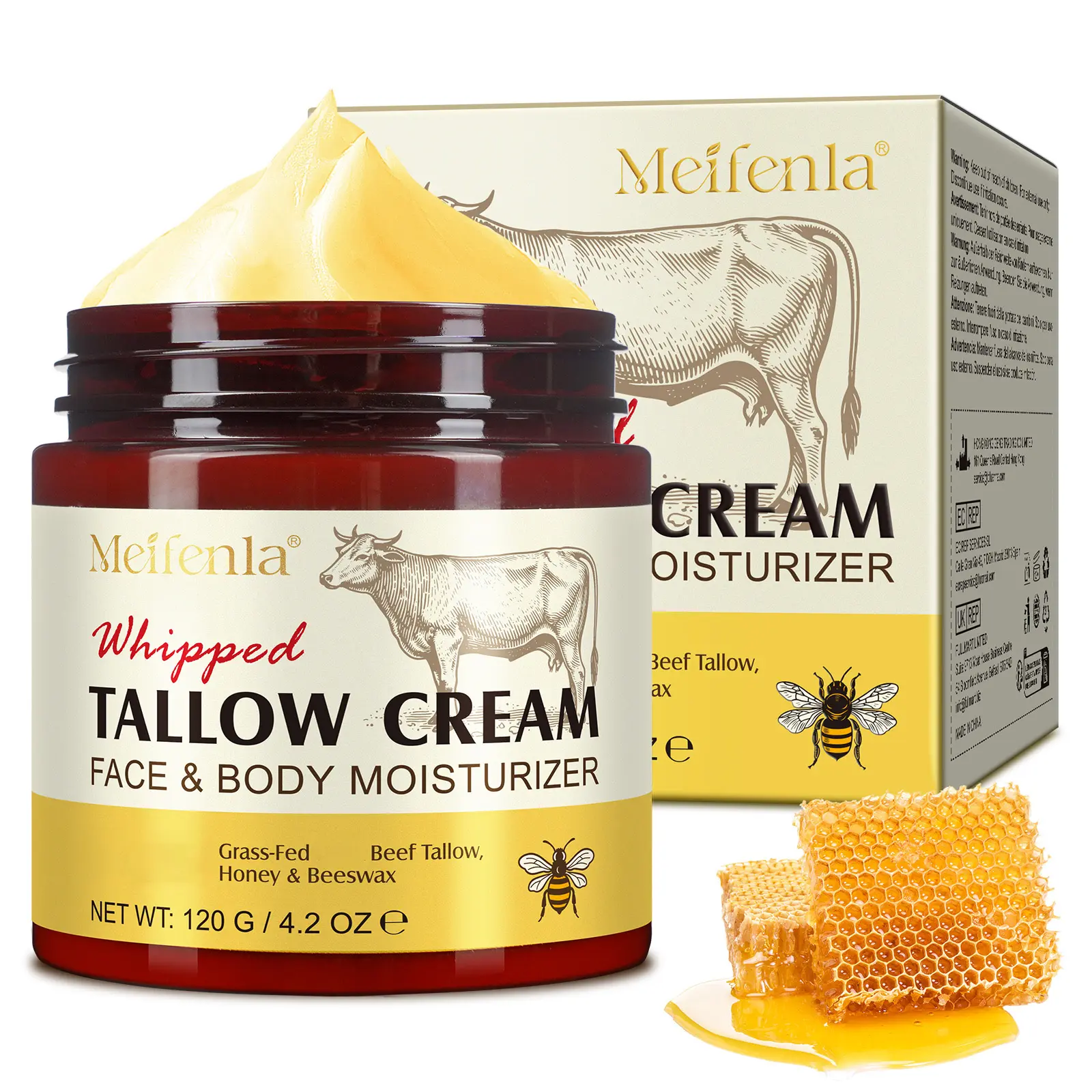 Meifenla Organic Beef Tallow and Honey Balm - Body Care Selfcare Hydrating Facial Cream, Gentle Moisture Skin Repair for Sensitive Skin Face & Body, 120g Summer-Ready Comfort campingessentials