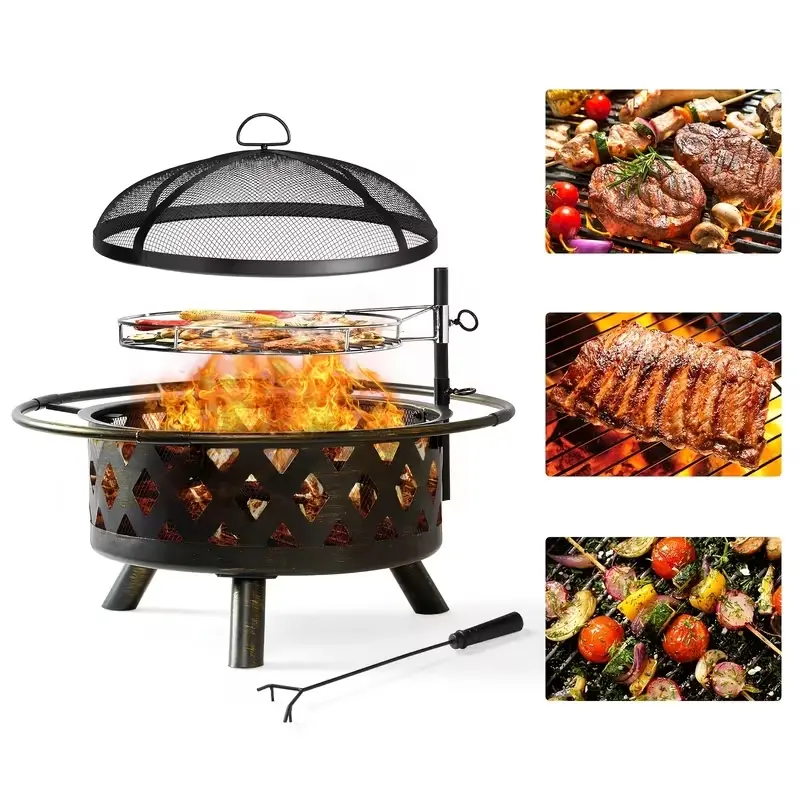 Aoxun 2-in-1 Wood Burning Firepit - 30” D x 20” H Round Metal BBQ Grill, Spark Screen, Poker for Family Outdoor Patio, Backyard