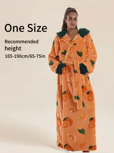 Penguin Print Hooded Elegant Casual Bathrobe, Long Sleeve Loose-Fitting Home Sleepwear Loungewear, with Pockets