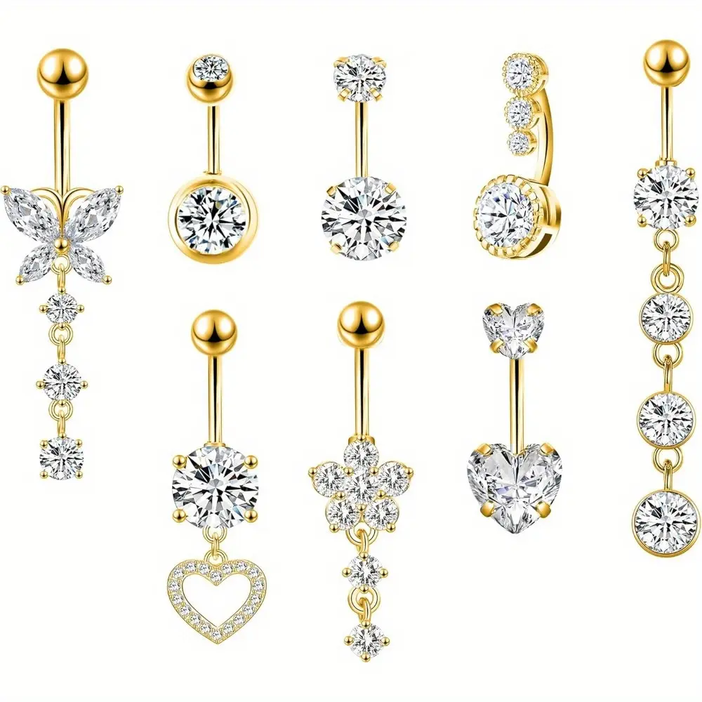 8pcs Belly Button Ring Dangle Stainless Steel Belly Rings 14G Belly Button Piercing Cute Navel Ring Belly Piercing Jewelry