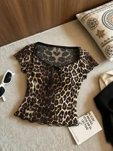 Leopard Print Mesh Short Sleeve Top, Square Neck Lace Edge Bow Design, Street Style Casual Fitted Tee for Night Out, Party, Date, Daily Wear