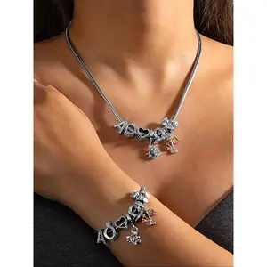 Elegant Bear Zodiac Pendant Necklace Bracelet Set, Zircon Heart Letter Jewelry for Women, Perfect Gift for Holidays Birthdays, Zirconia Jewelry Set