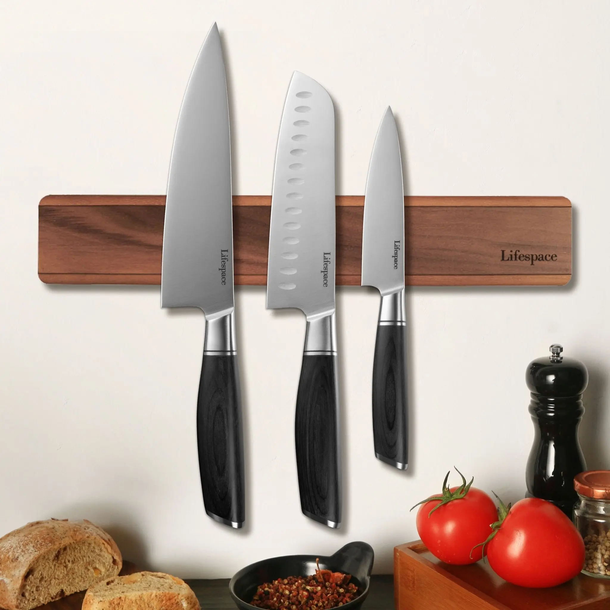 Lifespace Premium Walnut Wooden Magnetic Knife Block Set - Lightweight Wall-Mount Rack with Strong Magnets, Christmas/Father’s Day Gift Idea for Master Chefs’ Kitchen Knife Storage, Modern