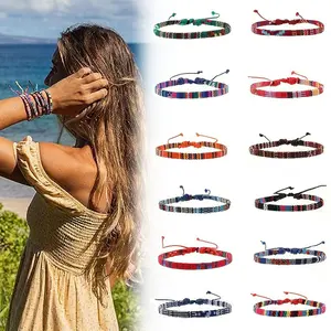 12pcs Bohemian Ethnic Style Fabric Bracelets - Vibrant Multicolor Beaded Wristbands for Men & Women, Casual Beach Outings, Parties, Sports Events - Durable Polyester, Perfect Gift for Holidays, Beach Accessories