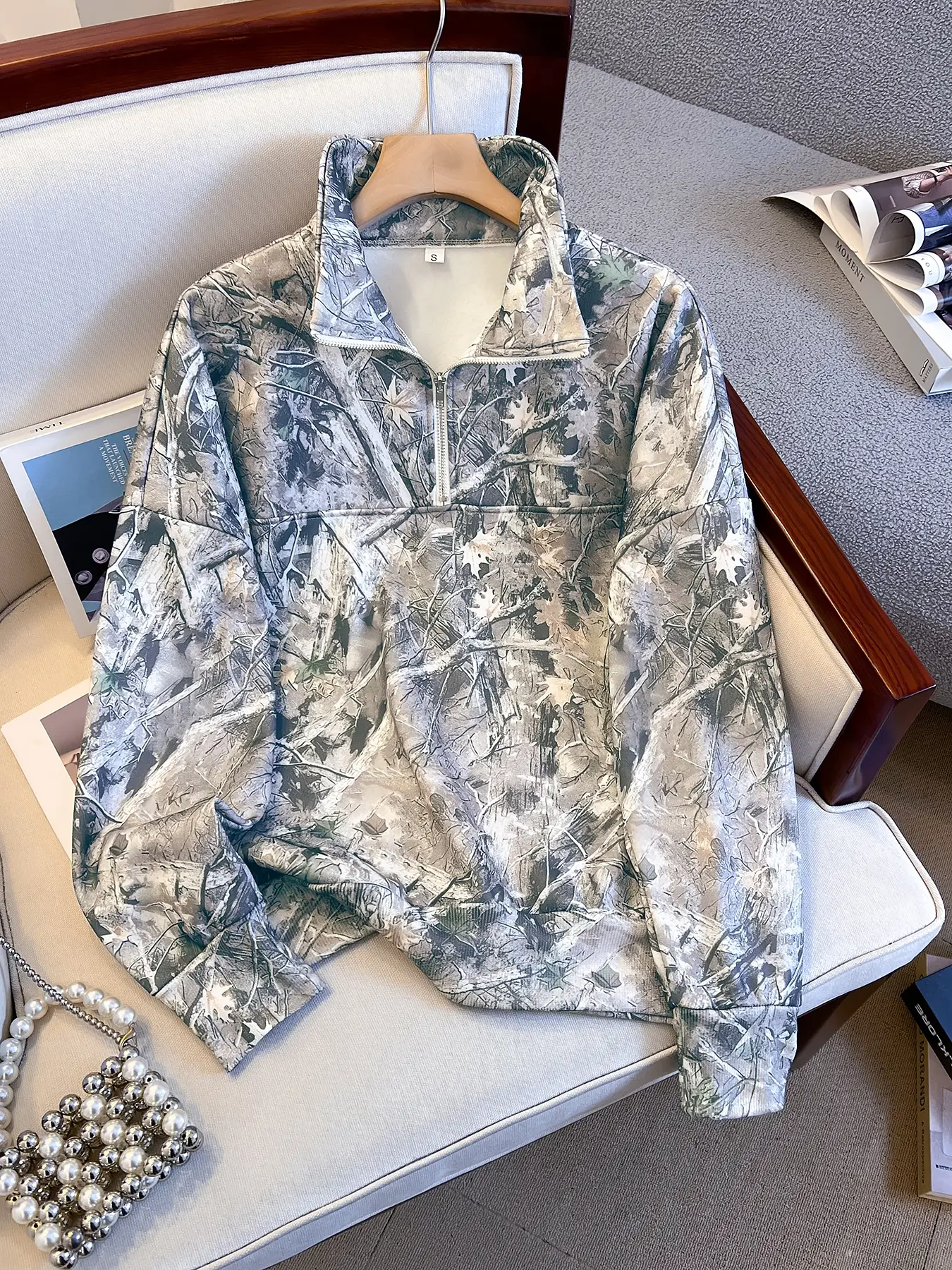 Women's Street Vintage Camo Camouflage Full Print Half Zip Up Aesthetic Hoodie Long Sleeve Tops Pullover Sweatshirts, Loose Fit Drop Shoulder, Fall & Winter Casual Everyday Wear Lady Womenswear