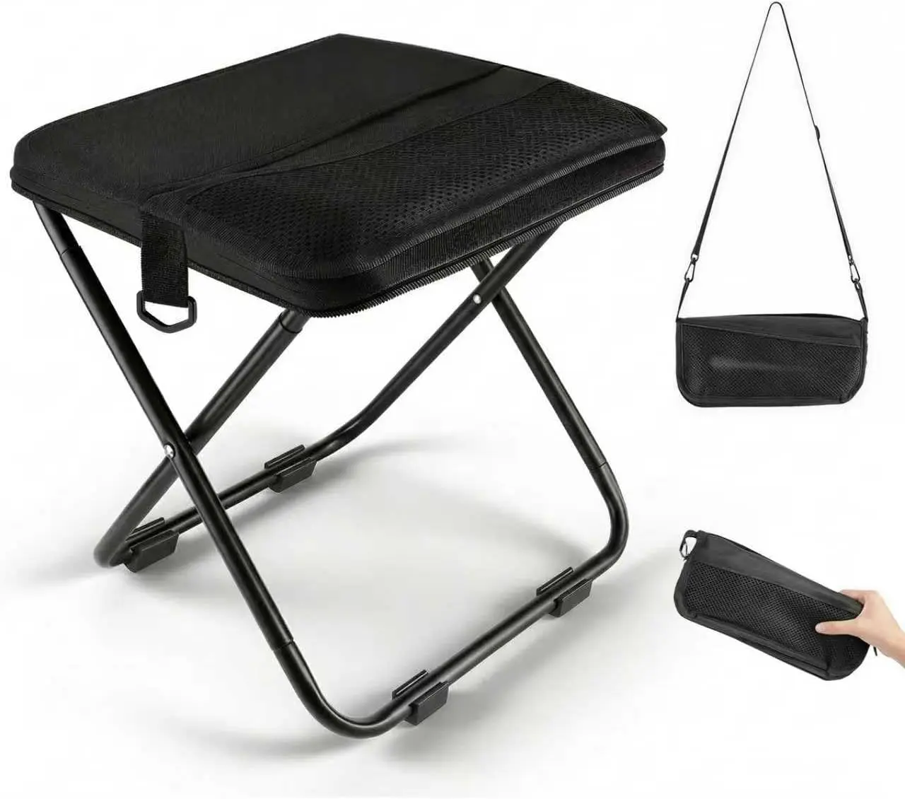 Outdoor Camping Stool - Lightweight Foldable Chair, 12in Size Carbon Steel Portable Seat, 1.6Lbs Collapsible Compact Folded Multifunctional Stool with Carry Bag for Hiking, Fishing (Black), Folding Portable Stool