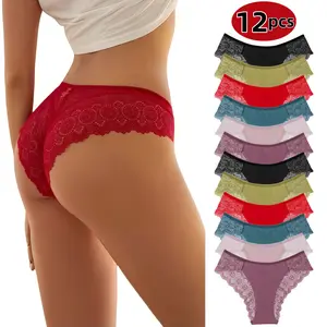 H  12/6-piece Plus-Size Women's Low-Waisted Sexy Lace Floral Briefs: Minimalist, comfortable and romantic style. Soft and non-restrictive, suitable for home/dates, daily/commute and work/leisure. Womenswear Panties Panties