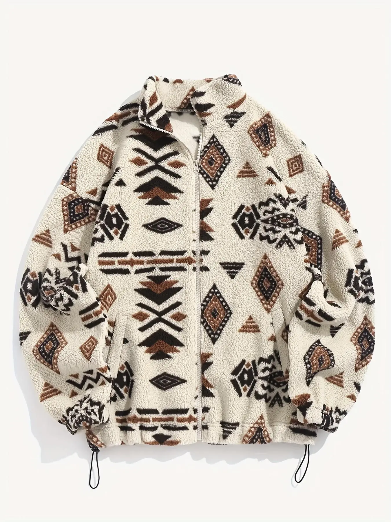 Women's Ethnic Tribal Print Aesthetic Adjustable Drawstring Drop Shoulder Zip Up Thick Plush Casual Warm Loose Comfy Outerwear Coat Jackets, Lady Casual Stand Collar Long Sleeve Outerwear, Women Clothing for Fall & Winter, Womenswear