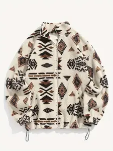 Women's Ethnic Tribal Print Aesthetic Adjustable Drawstring Drop Shoulder Zip Up Thick Plush Coat Jackets, Casual Stand Collar Long Sleeve Outerwear, Women Clothing for Fall & Winter, Womenswear