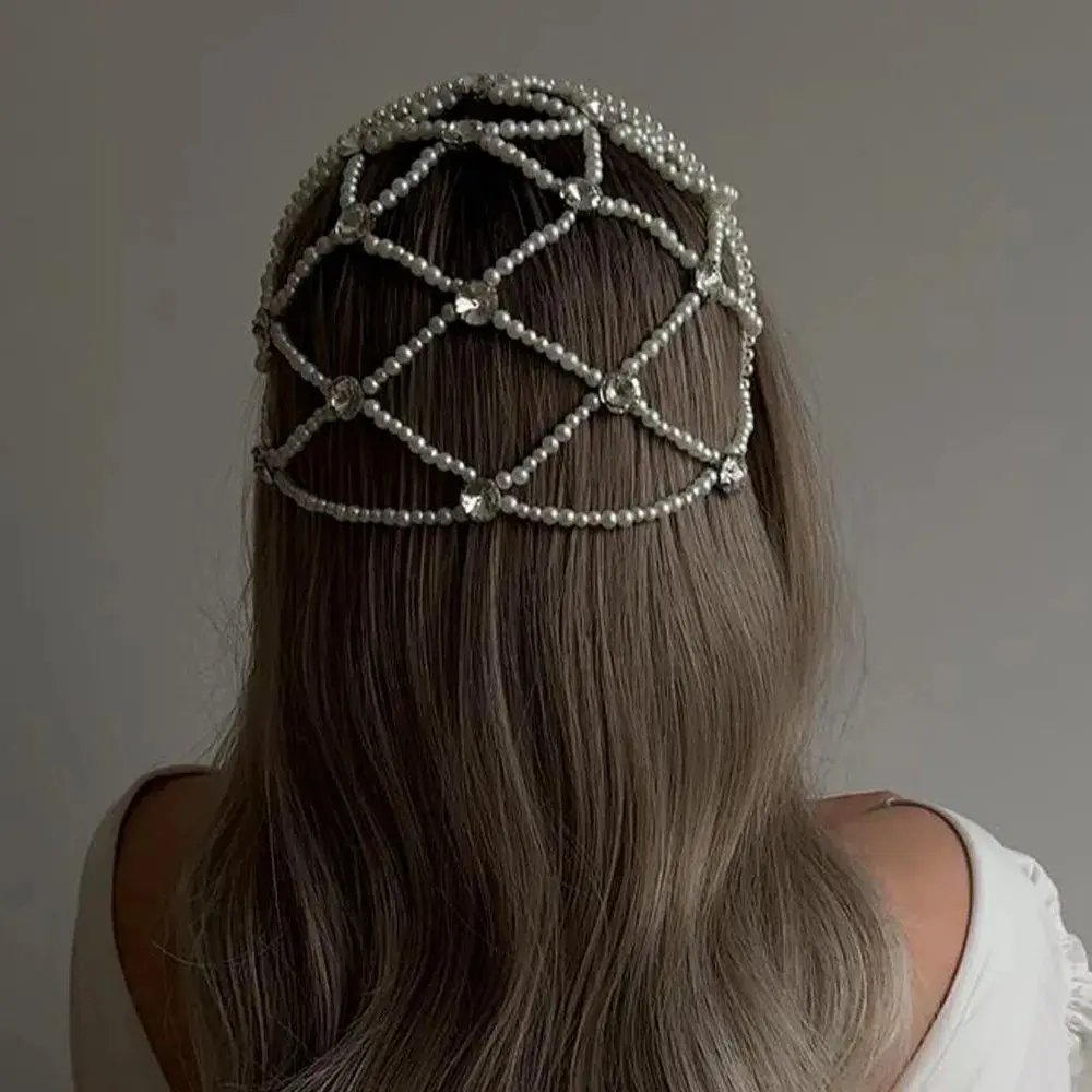Mesh pearl and rhinestone hair chain, light luxury multi-layer hair accessory