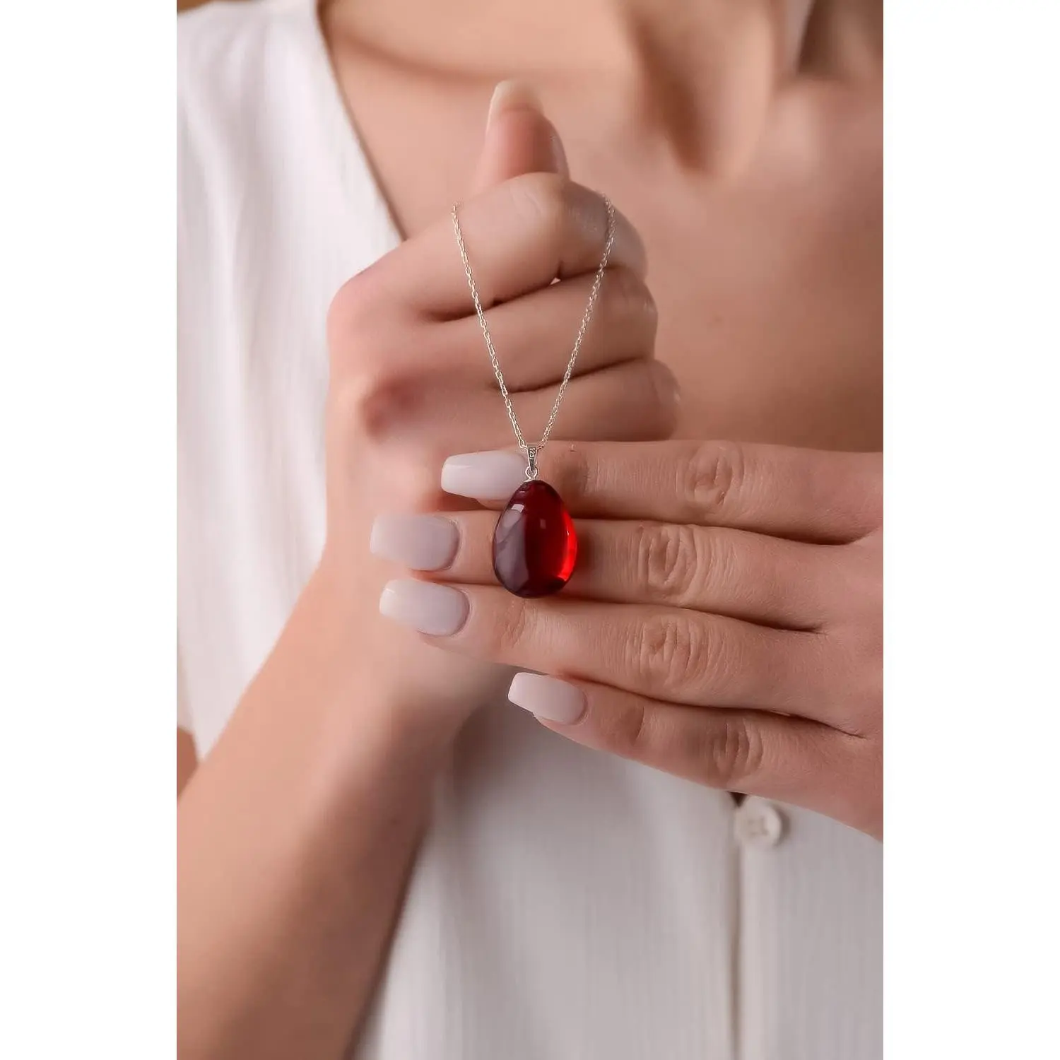 Amber Pendant Necklace with 18 inch 925 Sterling Silver Chain, Blue - Red - Green Amber Necklace for Women, Amber Stone Jewelry, 100% Genuine, HandMade from Amber